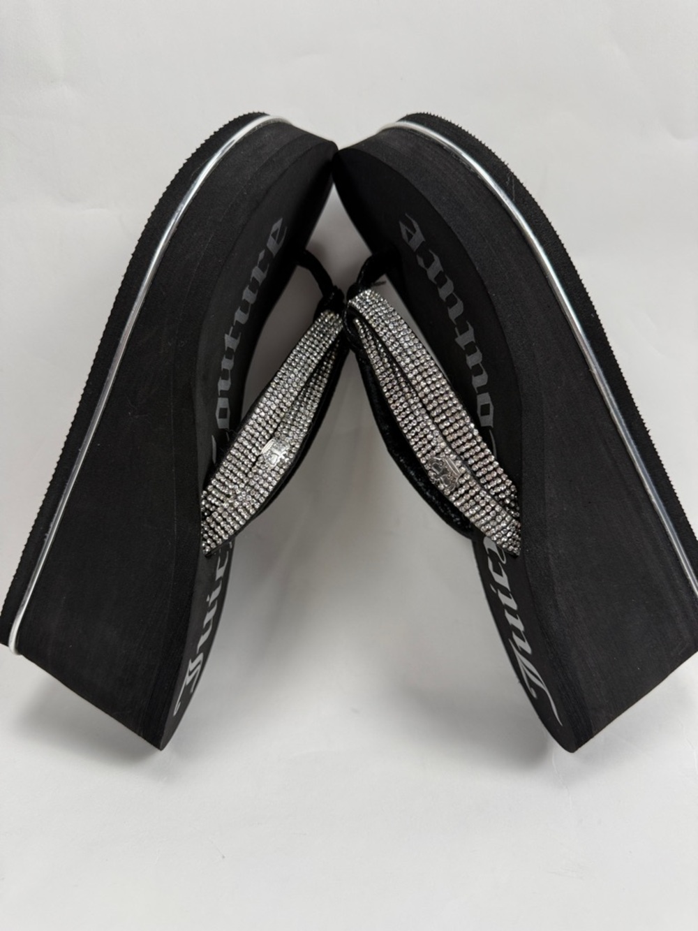 Juicy Couture Black Wedge Pkatform Sandals with Silver Rhinestone Straps Size 6 - Picture 6 of 13